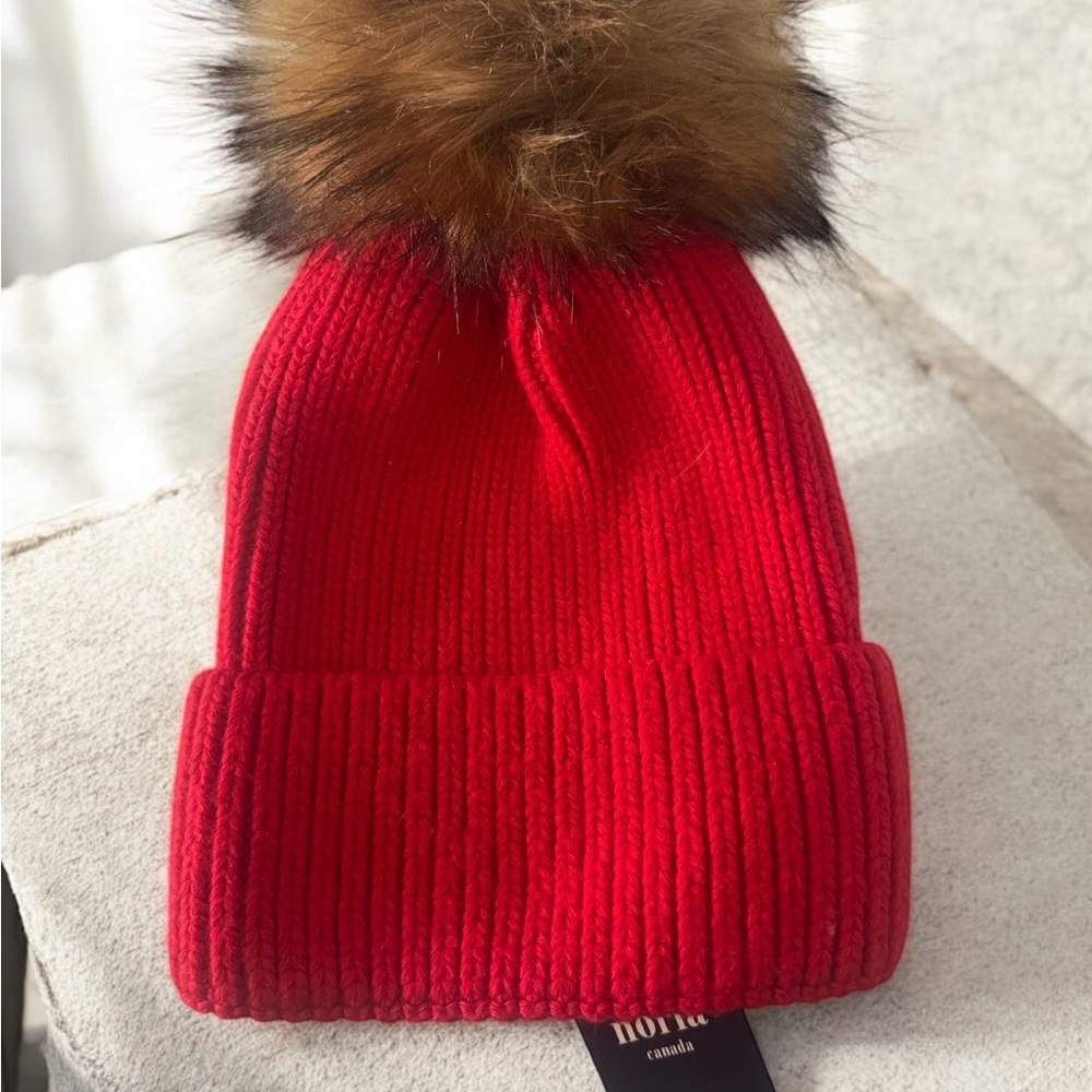 Red Knit Beanie with Faux Fur Pom